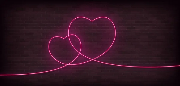 Zwei Herzen eine Linie Neon Vektor-Symbol. Eine Zeile Kunst, Illustration. — Stockvektor