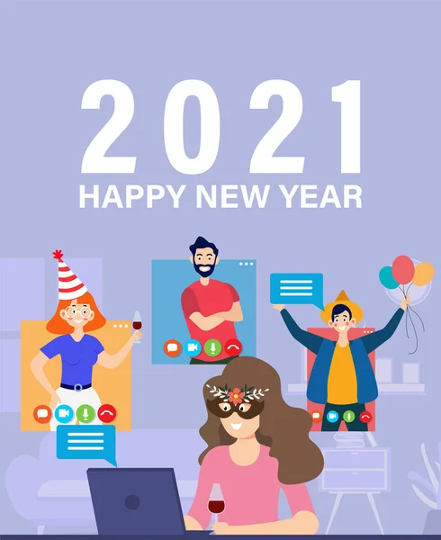 Virtuális 2021 karácsonyi családi party, Újévi online találkozó, videokonferencia világjárvány idején. Szülők, nagyszülők, gyerekek, fiatal barátok, akik otthon ünneplik az ünnepeket, biztonságos internetes kommunikáció. Vektor — Stock Vector