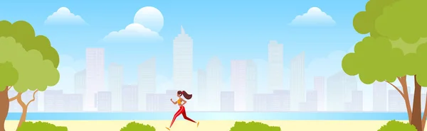 Futás a Városligetben. Női futó kocog odakint a parkban. Vektorlapos illusztráció — Stock Vector