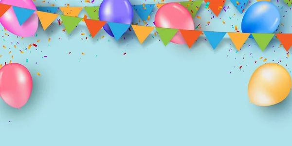 Colorful holiday blue background with balloons and confetti. Vector. — Stock Vector
