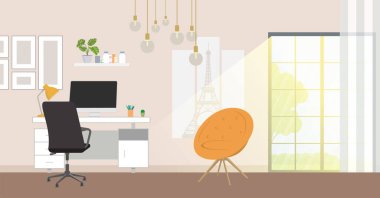 Ofisteki işyerinde. Çalışma odası olan bir dolap, masa ve büyük pencereli bir bilgisayar. Büyük patron ofisi. Düz biçim vektör illüstrasyonu