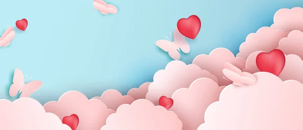 Papercut ontwerp, Vector papieren wolken met vlinders. Roze wolk en blauwe achtergrond — Stockvector