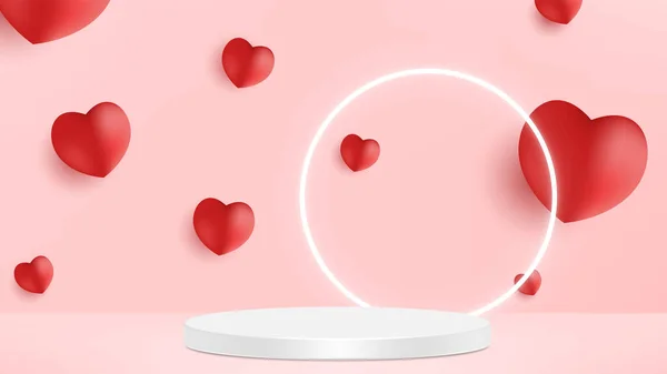 Bonito bonito rosa realista coração em forma de pódio para dia dos namorados produto exposição apresentação com decorativo queda de papel corações vetor modelo — Vetor de Stock