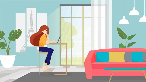 Femme indépendante avec cahier sur canapé à la maison. Illustration vectorielle plate — Image vectorielle