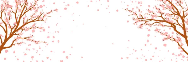 Takken met roze bloemen en kersenknoppen. Sakura. Bloemblaadjes vliegen in de wind. geïsoleerd op witte achtergrond. vectorillustratie — Stockvector