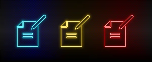 Neon icon set file, pencil. Set of red, blue, yellow neon vector icon — стоковый вектор