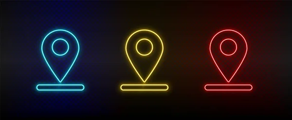 Neon icon set location, navigation. Set of red, blue, yellow neon vector icon — 스톡 벡터