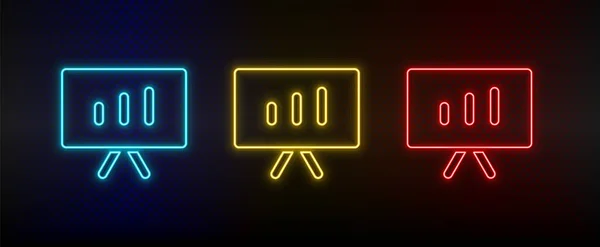 Neon icon set analytics, diagram board. Set of red, blue, yellow neon vector icon — Stock Vector