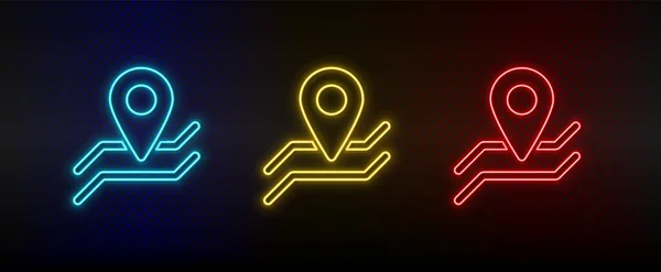 Neon icon set location, navigation. Set of red, blue, yellow neon vector icon — стоковый вектор