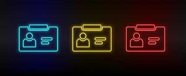 Neon icon set id card. Set of red, blue, yellow neon vector icon — Stok Vektör