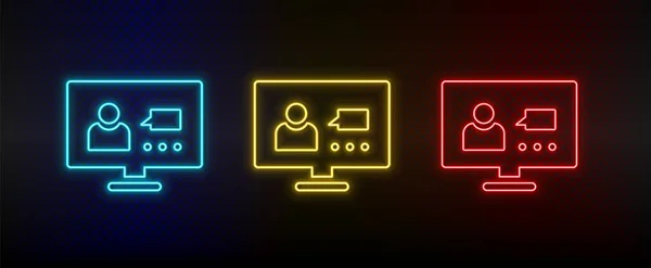 Neon icon set computer, video, conference, users. Set of red, blue, yellow neon vector icon — Stockvector