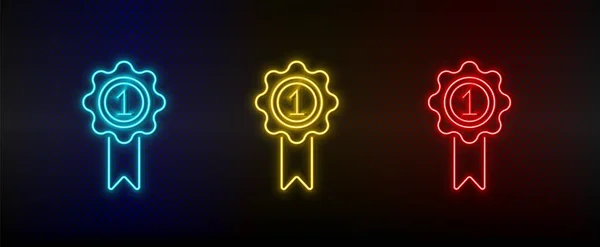 Neon icon set award, reward, medal. Set of red, blue, yellow neon vector icon — Vetor de Stock
