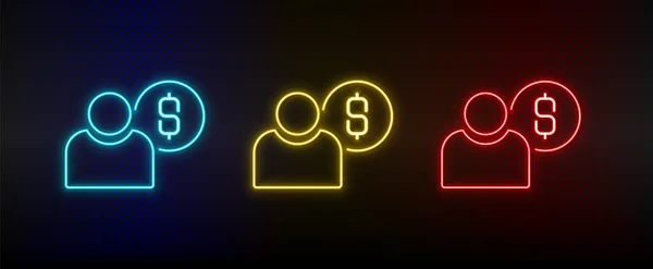 Neon icon set dollar, money, user. Set of red, blue, yellow neon vector icon — стоковый вектор