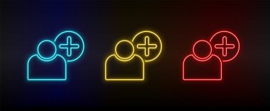 Neon icon set add, user. Set of red, blue, yellow neon vector icon