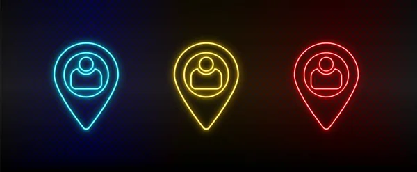 Neon icon set user, location. Set of red, blue, yellow neon vector icon — стоковый вектор