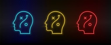 Neon icon set Human mind, head, planing. Set of red, blue, yellow neon vector icon