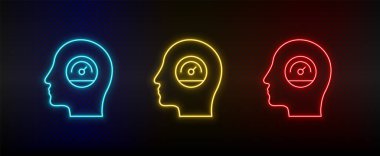 Neon icon set Human mind, performance, productivity. Set of red, blue, yellow neon vector icon