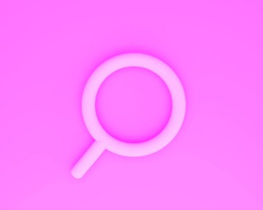 Pembe arka planda büyüteç. Ara, bul ve kavramı keşfet. Minimalizm. 3d oluşturma