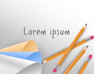 Vektör gerçekçi kalemler, kalemtıraş, renkli çizimler, yaratıcı eğitim, bilim, okul karalamaları içeren defter kağıdı talaşı. Fikir, çalışma, araştırma ve geliştirme illüstrasyonu kavramı