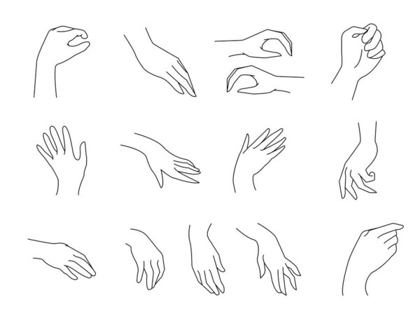 Simple outline vector Illustration of hands palms in different positions. Vector illustration one line hand position. Set of hand position