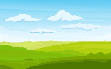 Şafakla birlikte bahar manzarası, arka plan olarak kullanmanın kolaylığı için uzun bir format. Bahar manzarasının vektör illüstrasyonu