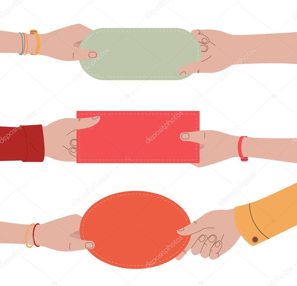 Many different hands hold speech bubbles. Uniting to support a common case, delivering a shared message, promoting an idea. Flat style illustration, isolated on white background.