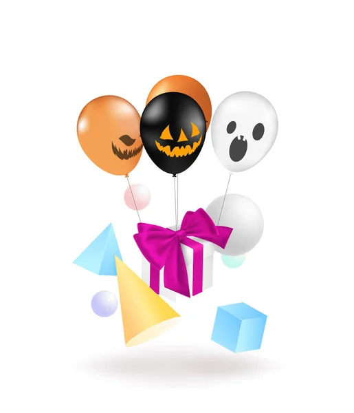 Tarjeta Halloween con globos de helio y regalos. Ilustración vectorial de globo de Halloween y caja de regalo — Vector de stock