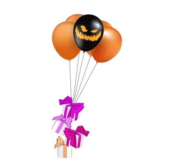 Feliz Halloween. Diseño con caja de regalo y fiesta de globos sobre fondo negro. vector. — Vector de stock