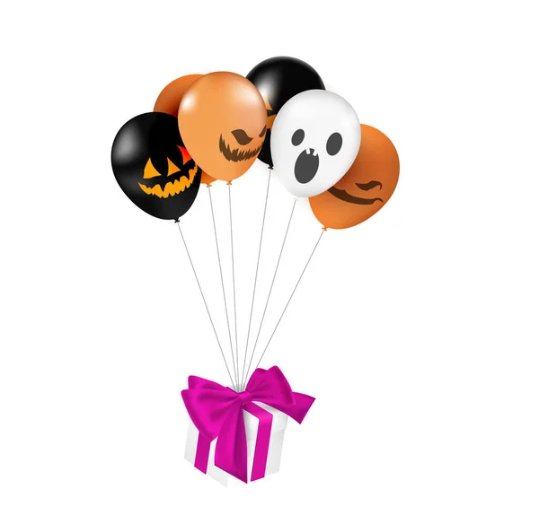 Halloween card with balloons helium and gifts. Vector illustration of Halloween balloon and gift box — Stock Vector