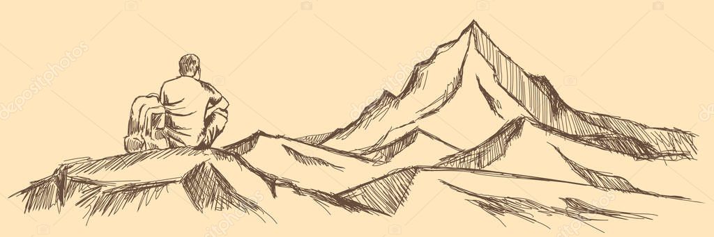 Man with backpack standing on top of the mountain peak, looking out into the distance. Sun, Hand drawn, vector, sketch - Vector vector