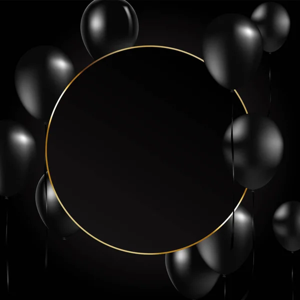 Beautiful Black Balloons Vector Randomly Flying Gold Frame Party Elegant — Stock Vector