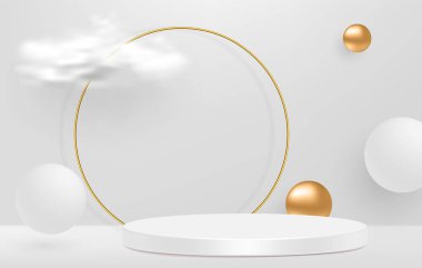 Altın Cam Yüzük Çerçeveli beyaz 3d kaide arka plan, gerçekçi bulutlar. Kozmetik ürün sunumu için modaya uygun boş podyum gösterisi, moda dergisi. Uzay vektör illüstrasyonunu kopyala.
