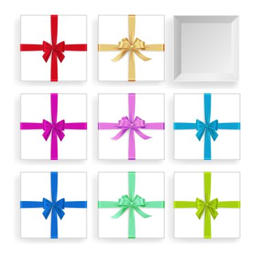 Farklı renk kurdeleli hediye kutusu koleksiyonu. Vektör hediye kutusu farklı tip ve renk kurdelesi kolayca kullanılabilir