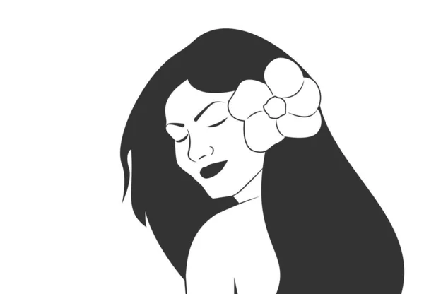 Ilustración de las mujeres pelo largo con la flor en el pelo cara de las mujeres del estilo negro y blanco en el fondo blanco, vector — Vector de stock