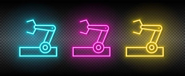 Robô industrial, jogo industrial do ícone do néon do braço do robô — Vetor de Stock