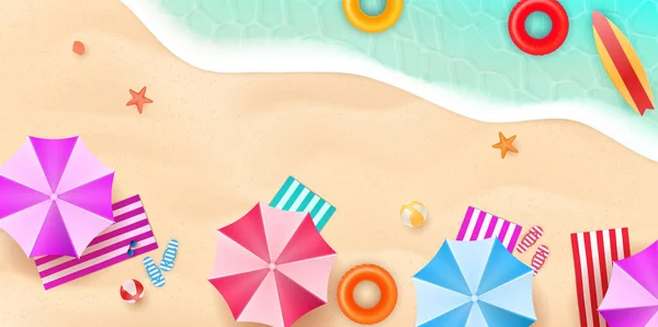 Légi kilátás a nyári strand lapos design stílusban. Papucs és törölköző, tengeri csillag és nyár, kikapcsolódás nyári turizmus, vektor illusztráció — Stock Vector
