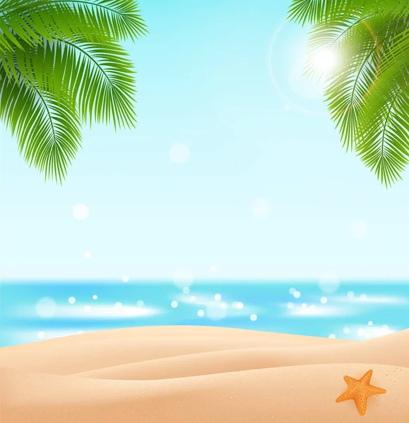 Free beach for your design. Vector landscape with a sky-blue ocean, golden sands and palm leaves — Stock Vector