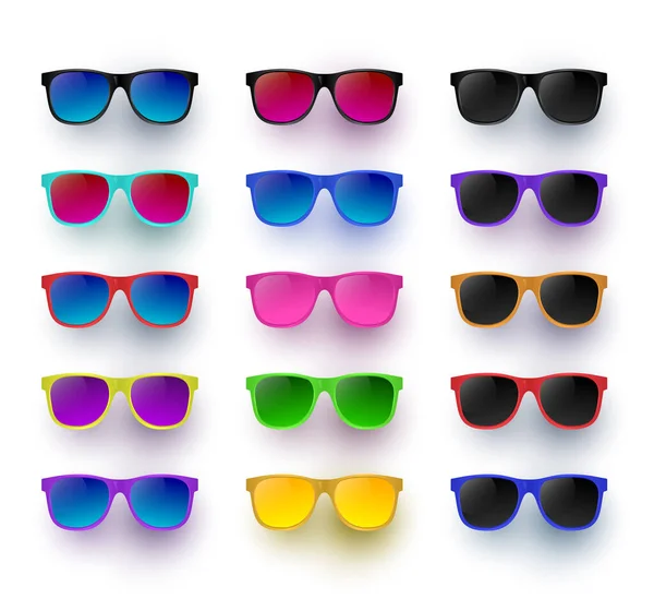 Sunglasses mengatur bentuk wayfarer, warna-warni, vektor terisolasi ilustrasi Bayangan dan latar belakang berada pada lapisan yang terpisah. Lensa transparan. Mudah mengedit. - Stok Vektor