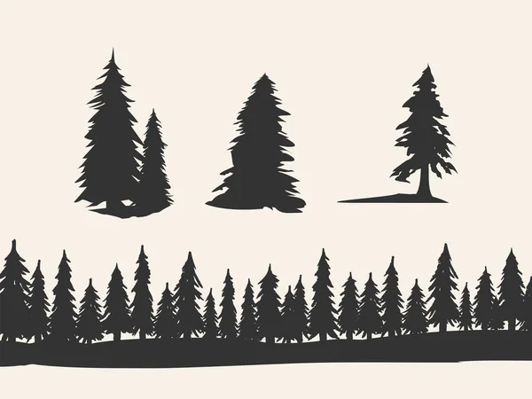 Silhuett av granar, skogslandskap. På vit bakgrund. Skogsilhuett vektor illustration. — Stock vektor