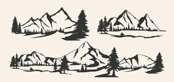 Set pegunungan. Koleksi lanskap gunung bergaya. Ilustrasi hitam dan putih tentang pegunungan. Seni Linear. Logo - Stok Vektor