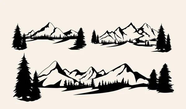 Joukko vuoria. Kokoelma tyylitelty vuoristo maisemia. Mustavalkoinen kuva vuorista. Lineaarista taidetta. Tunnus — vektorikuva