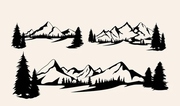 Set di montagne. Collezione di paesaggi montani stilizzati. Illustrazione in bianco e nero delle montagne. Arte lineare. Logo — Vettoriale Stock