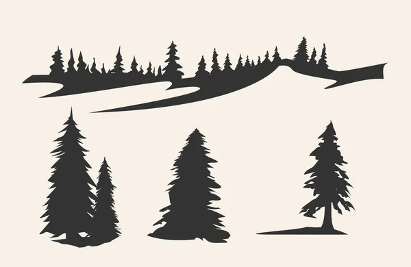 Vector silhouette of different pine trees. Can be used as poster, badge, emblem, banner, icon, sign, decor. — Stock Illustration Vector silhouette of different pine trees. Can be used as poster, badge, emblem, banner, icon, sign, decor. Stock Illustration