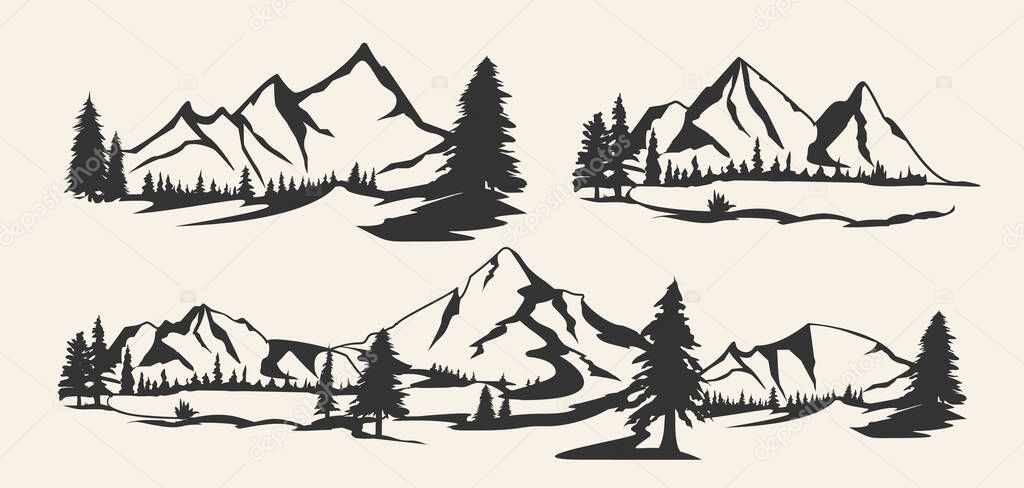 Set of mountains. Collection of stylized mountain landscapes. Black and white illustration of mountains. Linear art. Logo.