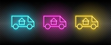 Real estate vector moving, relocation, van. Illustration neon blue, yellow, red icon set. clipart