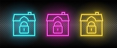 Emlak evi, şans, güvenlik. İllüstrasyon neon mavi, sarı, kırmızı simge seti.