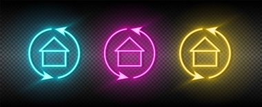Gayrimenkul vektör okları, takas, ev. İllüstrasyon neon mavi, sarı, kırmızı simge seti.