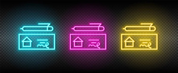 Makelaarsvector check, kassa, pen, huis. Illustratie neon blauw, geel, rood icoon set. — Stockvector