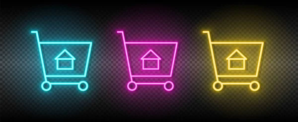 Realitní vektor koupit, vozík, dům, nakupovat. Ilustrace neonově modrá, žlutá, červená ikona nastavena. — Stockový vektor