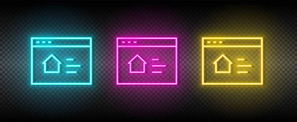Onroerend goed vector browser, huis, online, zoeken. Illustratie neon blauw, geel, rood icoon set. — Stockvector